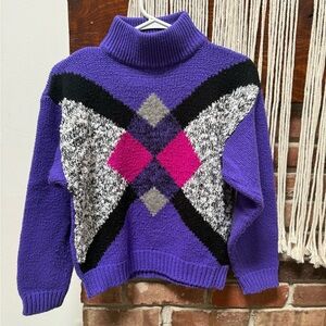 Vintage Purple Turtleneck Sweater with Pink and Black Argyle